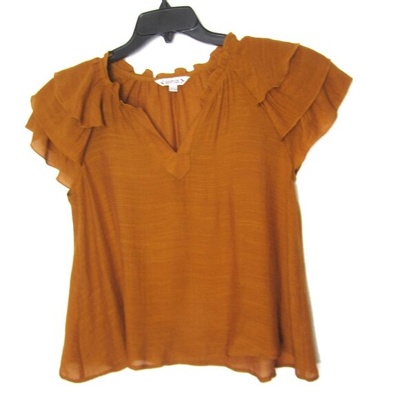 Nanette Lepore Size S Flutter Sleeve Top Gingerbread Brown Orange Split Neck - Picture 1 of 6